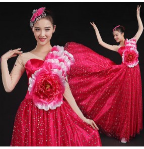 Fuchsia hot pink yellow red sequins petal long sleeves chorus opening dance v neck full skirted competition performance flamenco ballroom modern dance dresses outfits